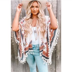 Floral Print Tassel Half Sleeve Open Front Kimono